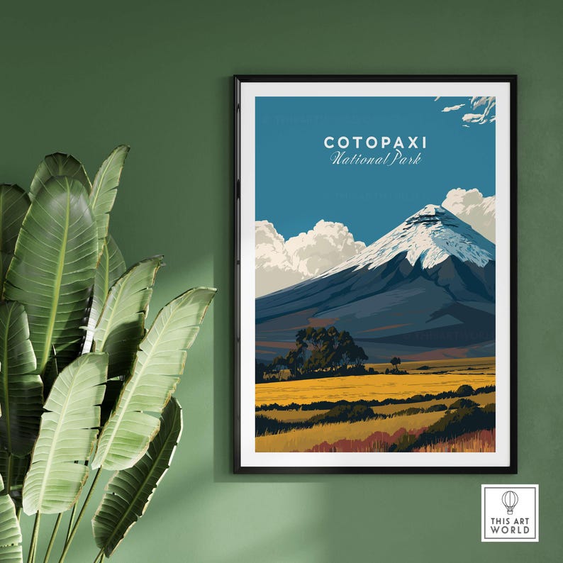 Cotopaxi National Park travel poster featuring volcano, golden field, and blue sky, perfect for wall art.