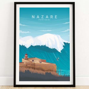Nazare Travel Poster Print, Portugal Travel Art, Surfing Wall Decor, Big Wave Illustration, Beach House Decoration, Framed Gift For Surfer