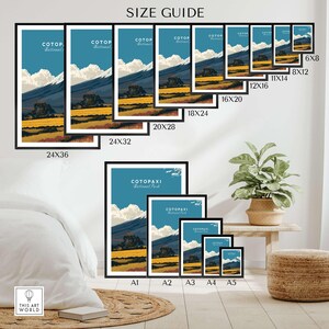 Cotopaxi National Park travel poster size guide showcasing various print dimensions on a stylish interior backdrop.