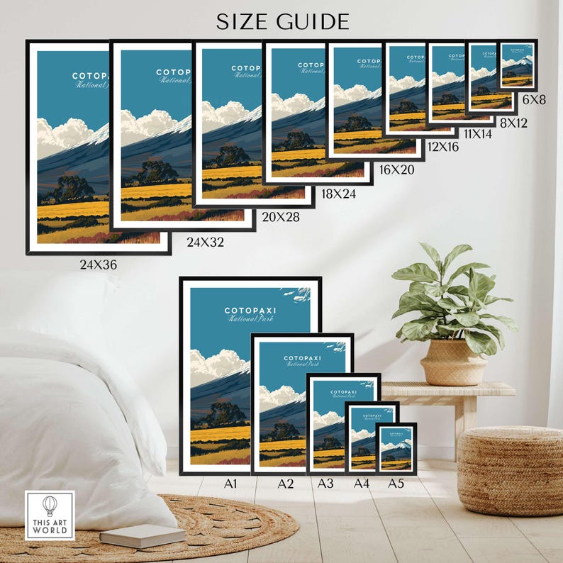 Cotopaxi National Park travel poster size guide showcasing various print dimensions on a stylish interior backdrop.