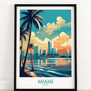 Miami Print Art Print Travel Poster | Prezent domowy Prezent urodzinowy Rocznica ślubu Dekoracja ścienna | Spersonalizowana ilustracja