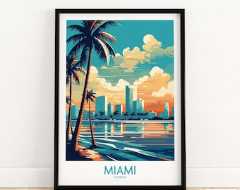 May include: A colorful illustration of the Miami skyline with palm trees in the foreground and the text "MIAMI FLORIDA" at the bottom.