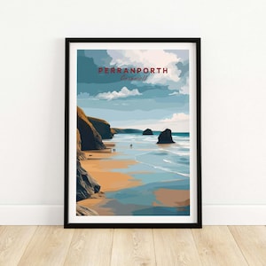 Perranporth Beach Poster, Cornish Coast Print, Coastal Wall Art, Seaside Decor, Nautical Gift, Vibrant Landscape Illustration