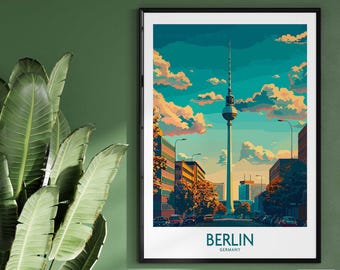 May include: A colorful illustration of the Berlin skyline featuring the iconic Fernsehturm television tower. The image has a retro, vintage aesthetic with a blue sky and fluffy clouds. The text "BERLIN GERMANY" is at the bottom of the image.