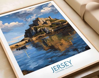 Impresión artística del castillo de Mont Orgueil, Islas del Canal de Jersey / Póster de monumento histórico