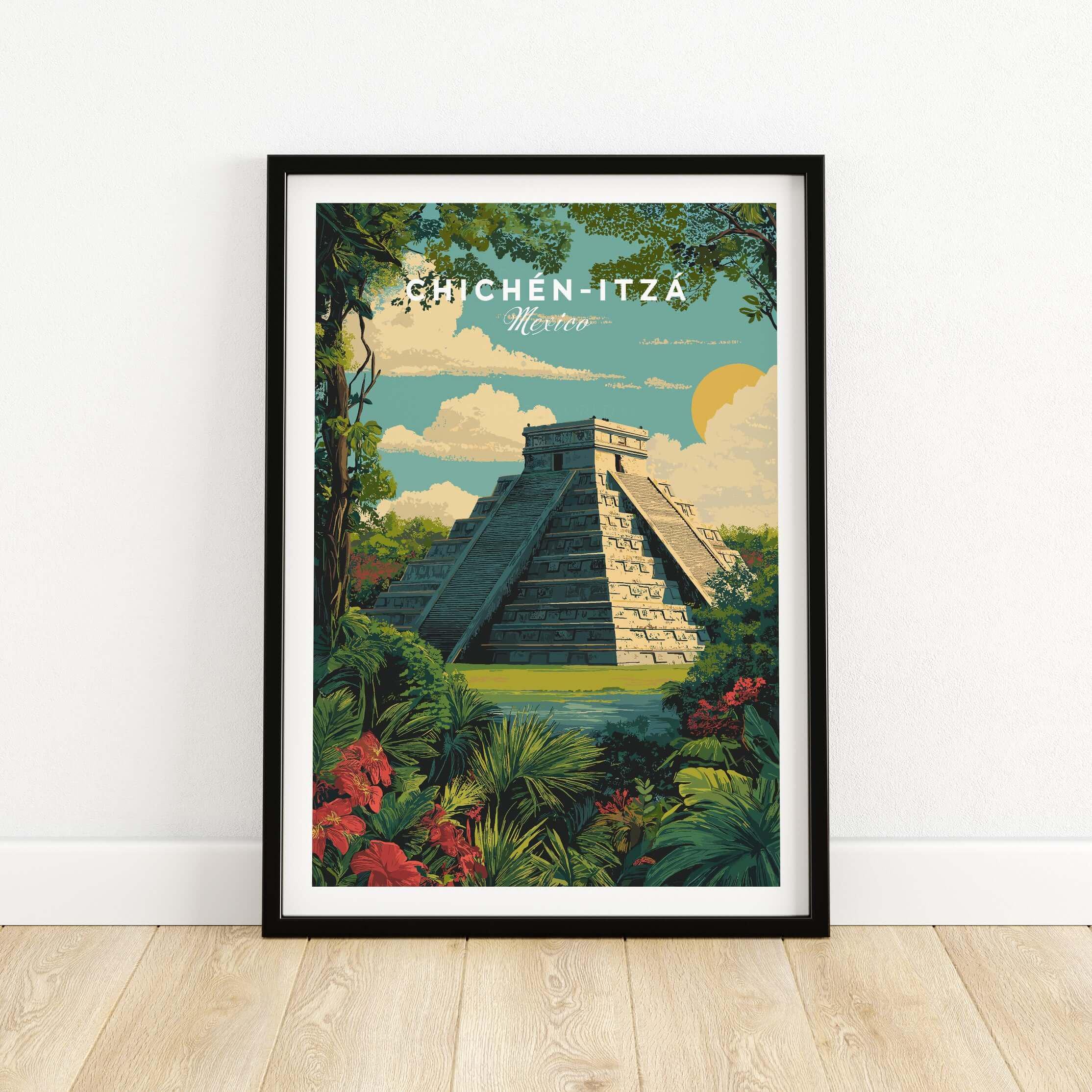 Chichén Itzá Mexico Travel Poster Pyramid Jungle Print Mayan Ruins Wall Art Decor Chichén Itzá Gift Art Lovers Illustration Mexico