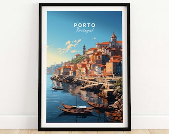 May include: A colorful illustration of the city of Porto, Portugal, with the text "PORTO Portugal" at the top. The illustration shows a cityscape with buildings on a hillside overlooking a river with boats. The water is a deep blue and the sky is a bright blue.