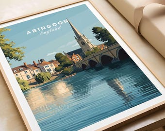 Póster de viaje de Abingdon, Inglaterra: Impresión artística de pared histórica junto al Támesis. Regalo de Abingdon. Ilustración para amantes del arte.