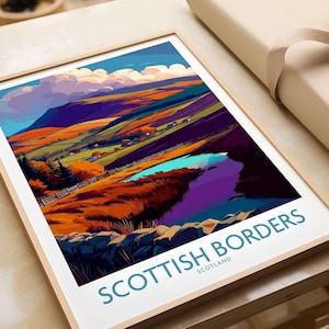 Cartaz de viagem da Escócia Fronteiras escocesas Lago Outono Colinas Impressão Paisagem Arte de parede Presente da Escócia Amantes da arte Ilustração Colinas de Eildon
