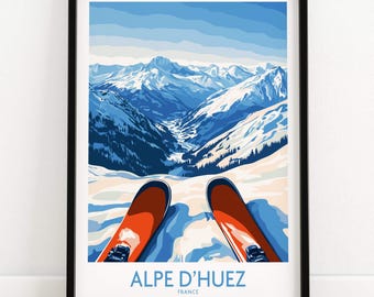 Alpe d'Huez Art Print Winter Sports Wall Art Gift for Skier Alpe d'Huez Mountain Cabin Ski House Decoration France Poster