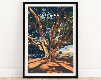 Stampa di Lahaina Maui, iconica opera d'arte da viaggio con albero di banyan (senza cornice o con cornice)
