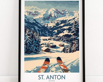 Impresión artística de pared de San Antón, póster de Austria, póster de la estación de esquí de San Antón, obra de arte de deportes de invierno, aventura, decoración del hogar, arte de pared de esquí, regalo para esquiadores