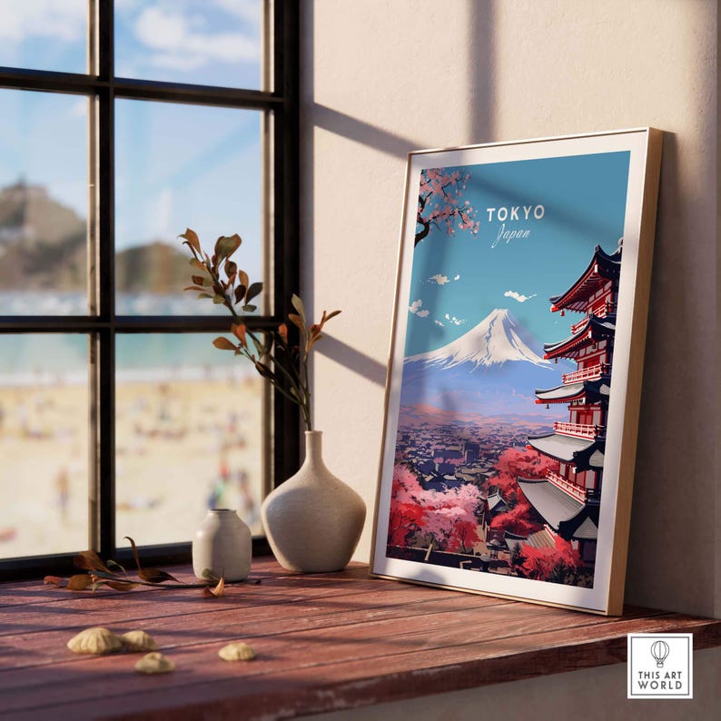 Tokyo travel poster featuring Mount Fuji and a pagoda, vibrant colors, perfect for home decor and gifts.