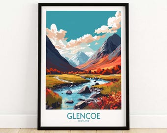May include: A colorful illustration of a mountain valley with a river winding through it. The mountains are a mix of blue, green, and brown, and the river is a bright blue. The sky is a light blue with white clouds. The text "GLENCOE SCOTLAND" is at the bottom of the image.