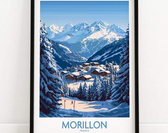 Morillon Ski Kunstprint Frankrijk Skihut Muurdecoratie Woondecoratie Skicadeau Skihuis Decoratie Wintersport Kamerprint Chalet Kunst