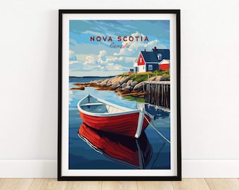 May include: A vintage travel poster featuring a red boat in the water with a red and white house on a rocky shore. The poster says "NOVA SCOTIA Canada" at the top.