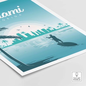 May include: A teal and blue illustration of the Miami skyline with palm trees and a person paddleboarding in the water. The text "Miami Florida" is at the top of the image.