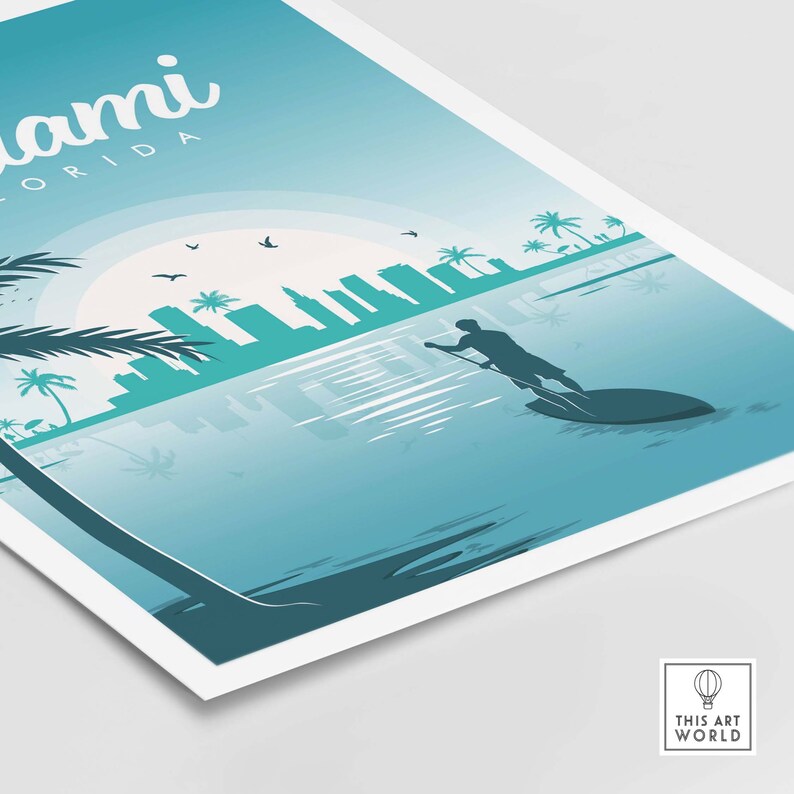 May include: A teal and blue illustration of the Miami skyline with palm trees and a person paddleboarding in the water. The text "Miami Florida" is at the top of the image.