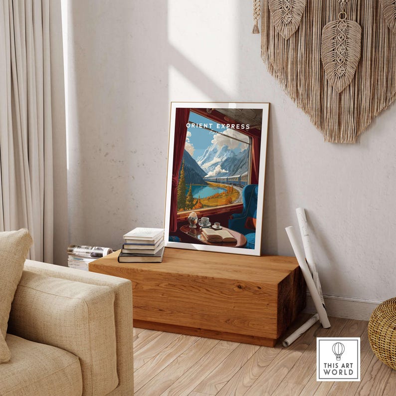 Orient Express Train Print | Vintage Rail Travel Decor displayed in a stylish living room setting.