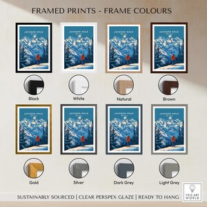 Framed Jackson Hole Ski Poster - Wyoming in various frame colors including Black, White, Natural, Brown, Gold, Silver, Dark Grey, Light Grey.