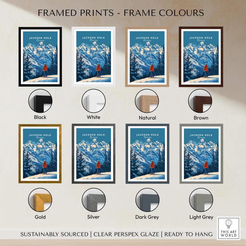Framed Jackson Hole Ski Poster - Wyoming in various frame colors including Black, White, Natural, Brown, Gold, Silver, Dark Grey, Light Grey.