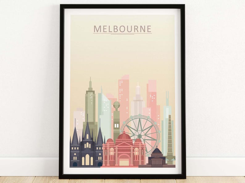 May include: A colorful illustration of the Melbourne skyline, featuring iconic buildings like the Melbourne Cricket Ground and the Eureka Tower. The image is set against a light pink and yellow background with the word "MELBOURNE" in black text at the top.