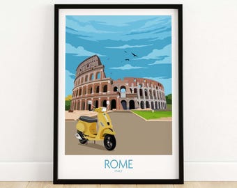 May include: A yellow Vespa scooter parked in front of the Colosseum in Rome, Italy. The Colosseum is a large, ancient amphitheater made of stone. The sky is blue with white clouds.