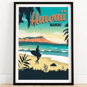 Hawaii Poster | Waikiki Wall Art | Beach Print | Travel Poster | Honolulu, Surfing, Vintage Style, Home Decor, Wall Art, Beach Wall Decor