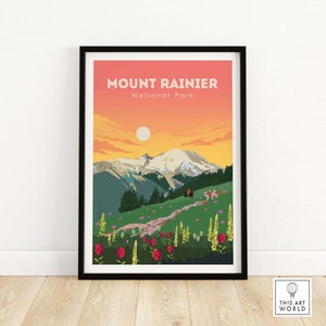 Poster imprimé d'art mural Mount Rainier | affiche du parc national | Idée cadeau Mont Rainier | Décoration murale Washington Home, oeuvre d'art encadrée et non encadrée