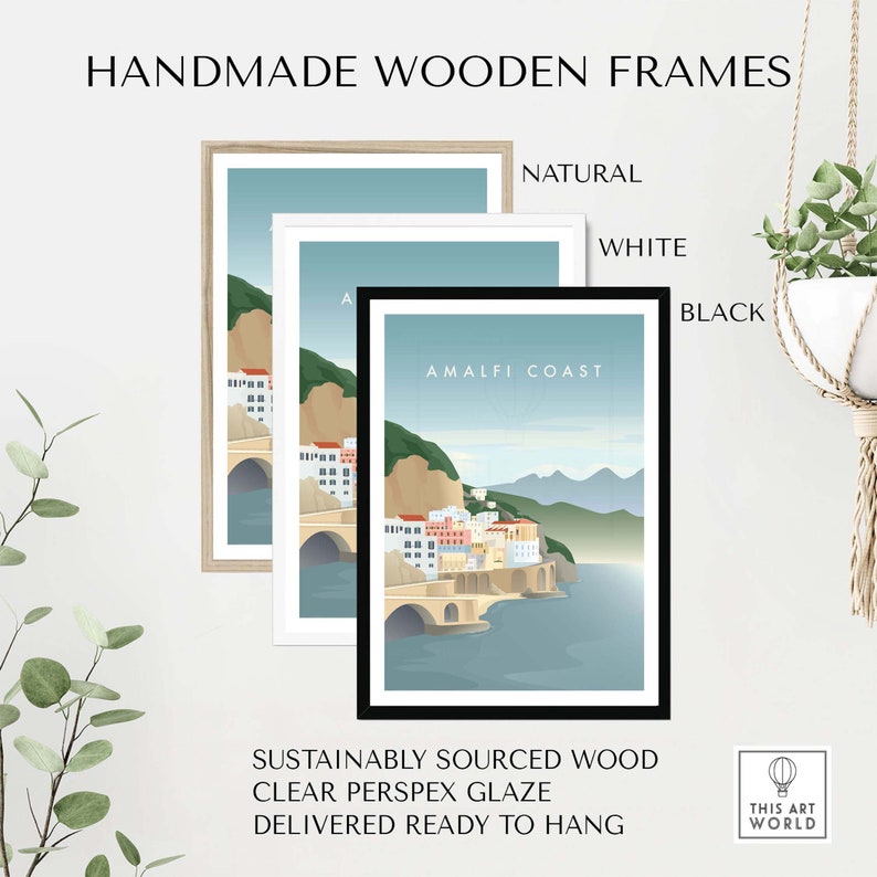 May include: Three handmade wooden frames with a print of the Amalfi Coast. The frames are available in natural, white, and black.