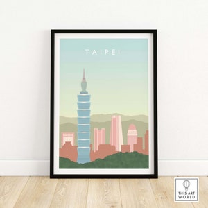 Impresión de póster del horizonte de Taipéi / Arte mural de Taiwán / Obra de arte de paisaje urbano asiático / Idea de regalo de Taipéi con marco y sin marco
