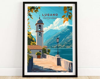 May include: A vintage travel poster featuring a colorful illustration of a church with a bell tower overlooking a lake and mountains. The text on the poster reads "Lugano Switzerland".