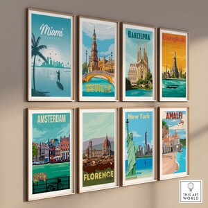 May include: A set of eight vintage travel posters featuring iconic landmarks from around the world. The posters are framed in wood and have a retro aesthetic. The cities featured are Miami, Seville, Barcelona, Bangkok, Amsterdam, Florence, New York, and Amalfi.