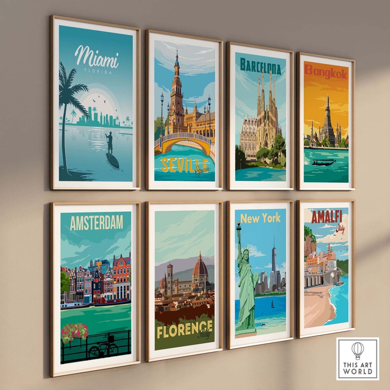 May include: A set of eight vintage travel posters featuring iconic landmarks from around the world. The posters are framed in wood and have a retro aesthetic. The cities featured are Miami, Seville, Barcelona, Bangkok, Amsterdam, Florence, New York, and Amalfi.