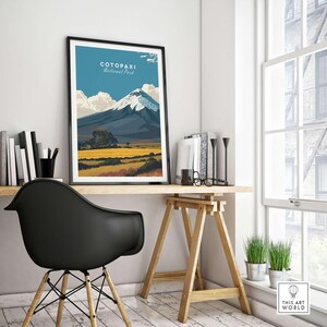 Cotopaxi National Park travel poster featuring volcano and golden fields in a stylish home office setting.