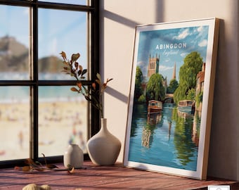 Lámina artística de barcos fluviales de Abingdon, Inglaterra - Póster de la pintoresca ciudad de Abingdon, arte mural, regalo, decoración del hogar