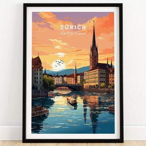 Póster de Zúrich, impresión artística para pared, impresión de viaje, póster de decoración del hogar, regalo, ilustración digital, obra de arte para colgar en la pared, impresión enmarcada y sin marco