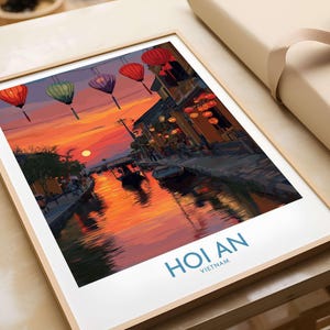 Hoi An Wall Art Vietnam Poster - River Boats Scenic Print, Vietnamese Travel Decor, Asian Landscape Illustration, Handmade Home Decoration