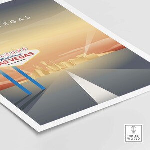 May include: A retro-style illustration of a road leading to the Las Vegas skyline with the iconic "Welcome to Fabulous Las Vegas, Nevada" sign in the foreground. The sky is a gradient of orange and yellow, suggesting a sunset.