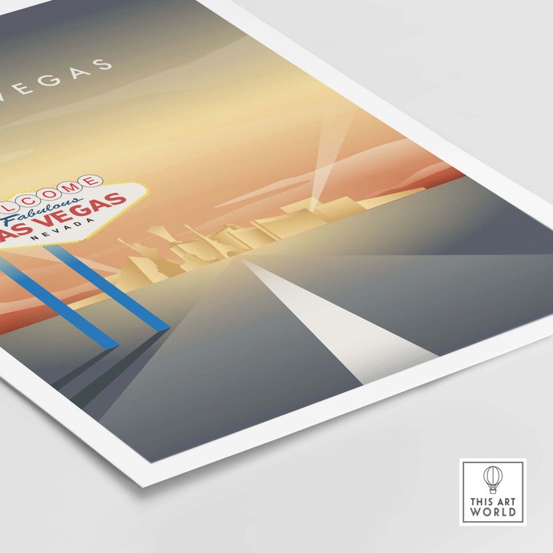 May include: A retro-style illustration of a road leading to the Las Vegas skyline with the iconic "Welcome to Fabulous Las Vegas, Nevada" sign in the foreground. The sky is a gradient of orange and yellow, suggesting a sunset.