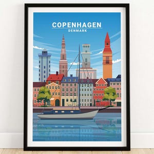 Nordic Travel Poster, Danish City Skyline Print, Copenhagen Wall Art, Wanderlust Decor Gift, Urban Travel Art