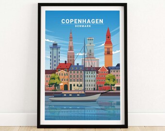 Nordic Travel Poster, Danish City Skyline Print, Copenhagen Wall Art, Wanderlust Decor Gift, Urban Travel Art