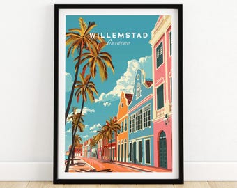 May include: A colorful illustration of a street scene in Willemstad, Curacao. The buildings are painted in bright colors, including pink, blue, yellow, and green. Palm trees line the street, and the sky is a bright blue.