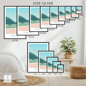 Puede incluir: Gu&iacute;a de tallas para impresiones de arte que representan una escena de playa con agua turquesa, arena blanca y monta&ntilde;as verdes. Las impresiones est&aacute;n disponibles en varios tama&ntilde;os, incluyendo 6x8 pulgadas, 8x12 pulgadas, 11x14 pulgadas, 12x16 pulgadas, 16x20 pulgadas, 18x24 pulgadas, 20x28 pulgadas, 24x32 pulgadas y 24x36 pulgadas. Las impresiones tambi&eacute;n est&aacute;n disponibles en tama&ntilde;os est&aacute;ndar, incluyendo A1, A2, A3, A4 y A5.