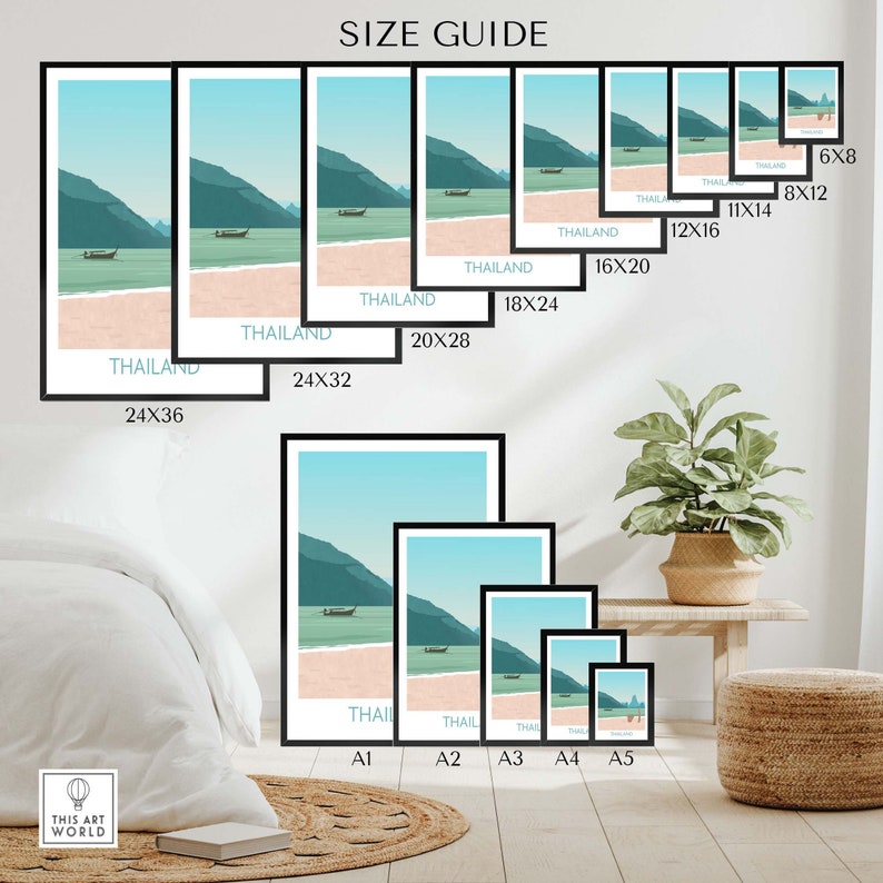 Puede incluir: Gu&iacute;a de tallas para impresiones de arte que representan una escena de playa con agua turquesa, arena blanca y monta&ntilde;as verdes. Las impresiones est&aacute;n disponibles en varios tama&ntilde;os, incluyendo 6x8 pulgadas, 8x12 pulgadas, 11x14 pulgadas, 12x16 pulgadas, 16x20 pulgadas, 18x24 pulgadas, 20x28 pulgadas, 24x32 pulgadas y 24x36 pulgadas. Las impresiones tambi&eacute;n est&aacute;n disponibles en tama&ntilde;os est&aacute;ndar, incluyendo A1, A2, A3, A4 y A5.