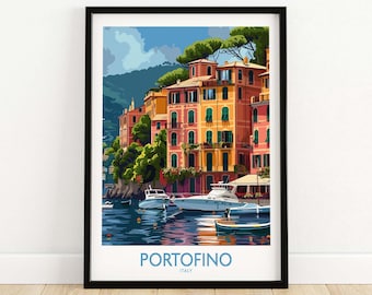 Stampa di Portofino - Bellissime scene della città costiera italiana - Decorazione da viaggio vibrante Poster di Portofino Stampa artistica Italia Regalo della Riviera italiana