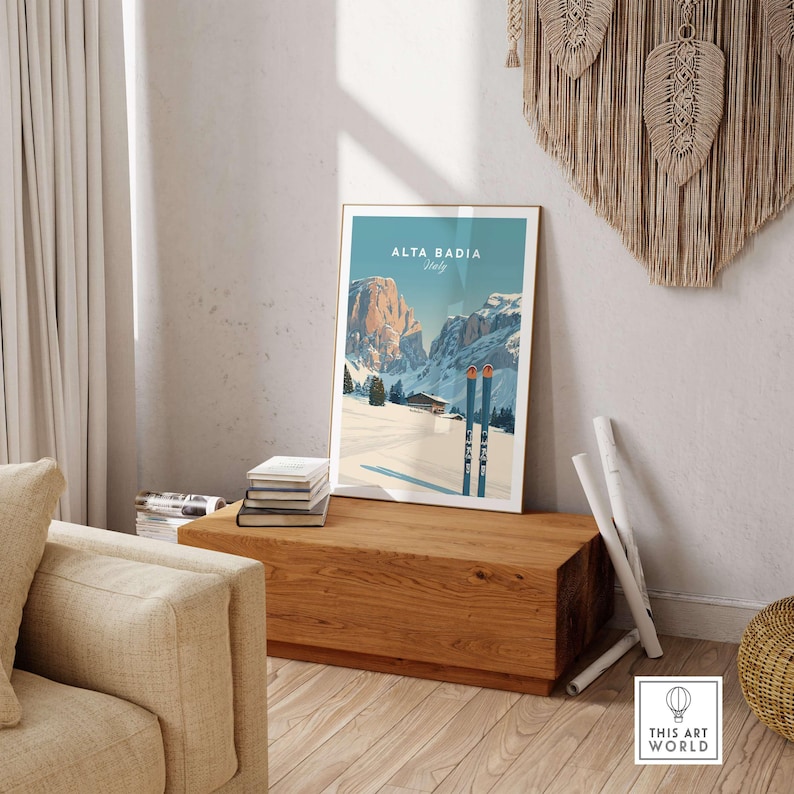 Alta Badia Italy Ski Resort print showcasing stunning Dolomites scenery, perfect for nature lovers and skiing enthusiasts.