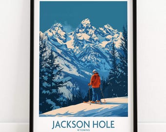 Jackson Hole Ski Resort Poster, Wyoming Mountain Art, Ski Lodge Decor, Winter Adventure Print, Framed Wall Art Gift
