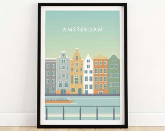 Amsterdam Wall Art | Netherlands Minimalist Travel Poster Art Print | Amsterdam City Skyline Art | Unframed & Framed Print | AMS Gift