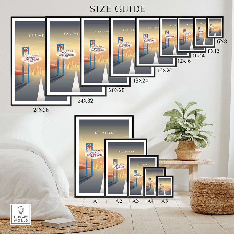 May include: A size guide for Las Vegas themed prints, showing different sizes of framed prints with the iconic "Welcome to Fabulous Las Vegas" sign. The sizes range from 6x8 inches to 24x36 inches.